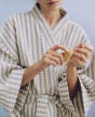 upan Waffle Bathrobe, stripe dusty blue