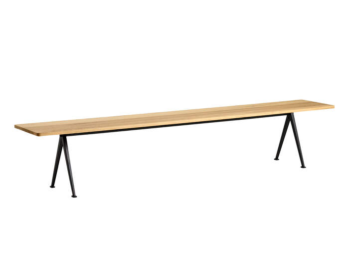 Pyramid Bench 12 250 cm, black powder coated steel / clear lacquered solid oak