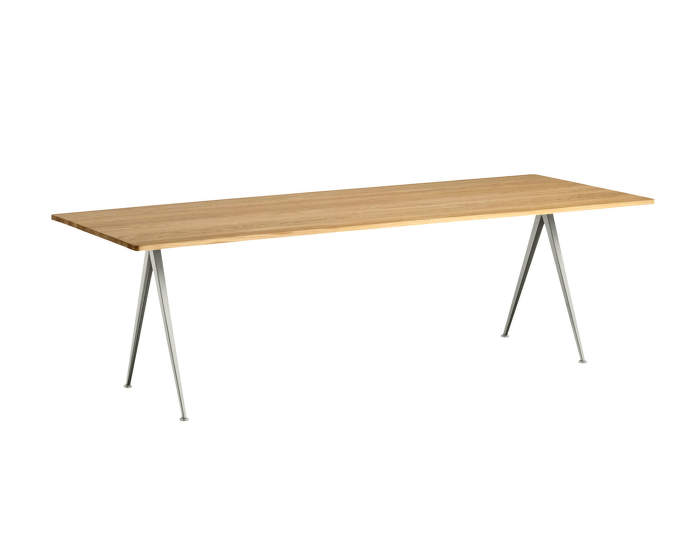 Pyramid Table 02, 250 x 85 x 74 cm, beige powder coated steel / clear lacquered solid oak