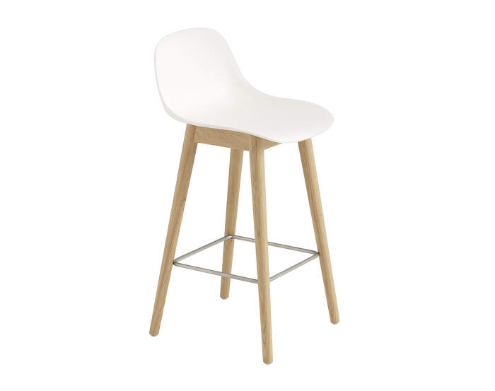 Barová stolička Fiber s opěrkou, dřevěná podnož, natural white/oak