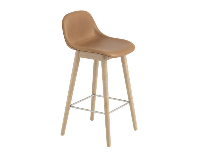 Barová stolička Fiber s opěrkou, kůže/cognac, podnož oak
