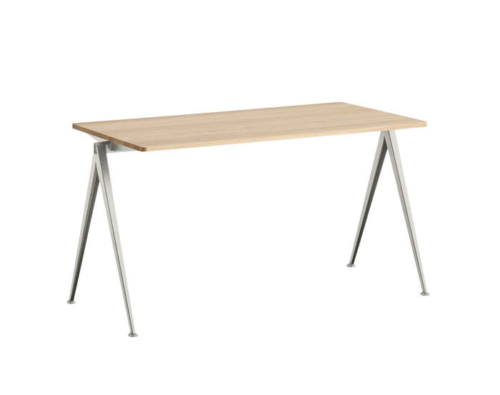 Pyramid Table 01, 140 x 65 x 74 cm, beige powder coated steel / matt lacquered solid oak