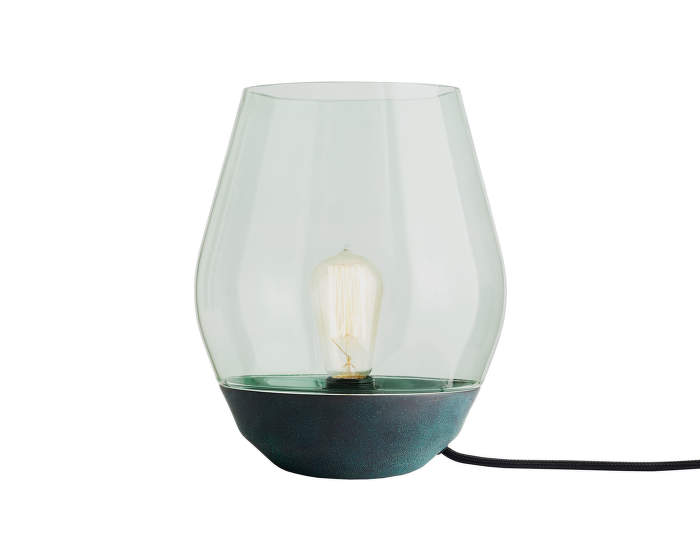Bowl Table Lamp, Verdigrised Copper w. Light Green Glass